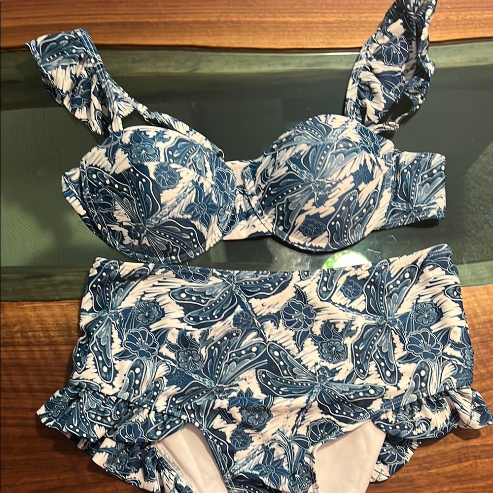 Blue and White Vintage-Inspired Bikini with Ruffle Details